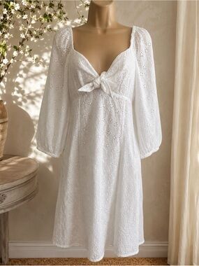 NEW Sanctuary White Eyelet Tie-Front Midi Dress with Puff Sleeves